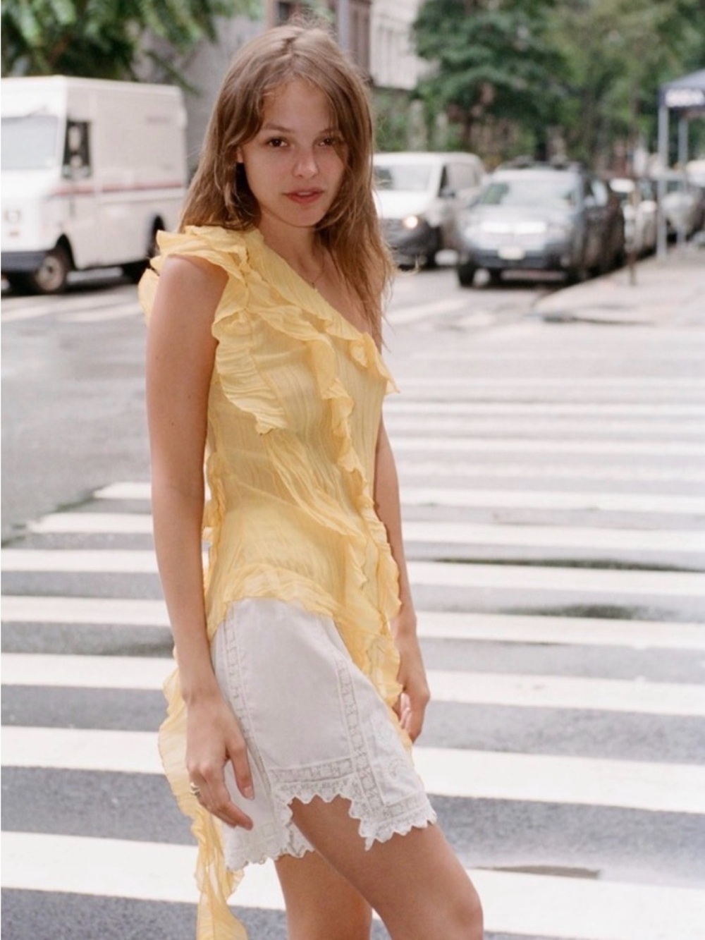 ZARA Butter Yellow Ruffle Tassel Asymmetric One Shoulder Flowy Statement Top S